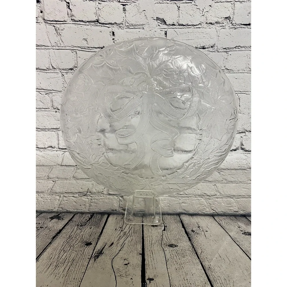 Vintage Arcoroc Clear Glass Christmas Holiday Holly Wreath Round Platter USA 13